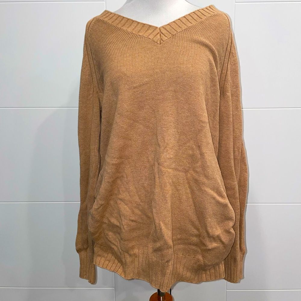 Tan V neck maternity sweater with ruching on side and stretch